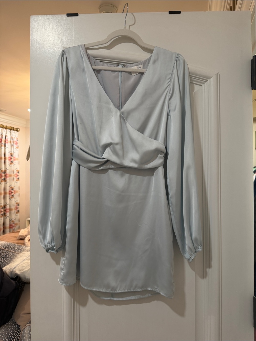 Lovers + Friends Pale Blue Satin Wrap Mini Dress